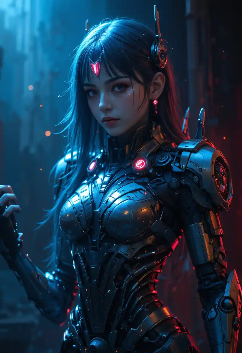 Mecha girl in dramatic dark scene with volumetric light