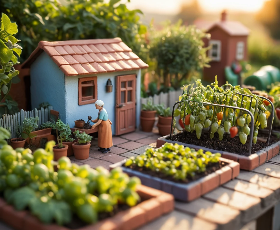 Tiny Kitchen Garden Diorama With Elderly Woman At Dawn