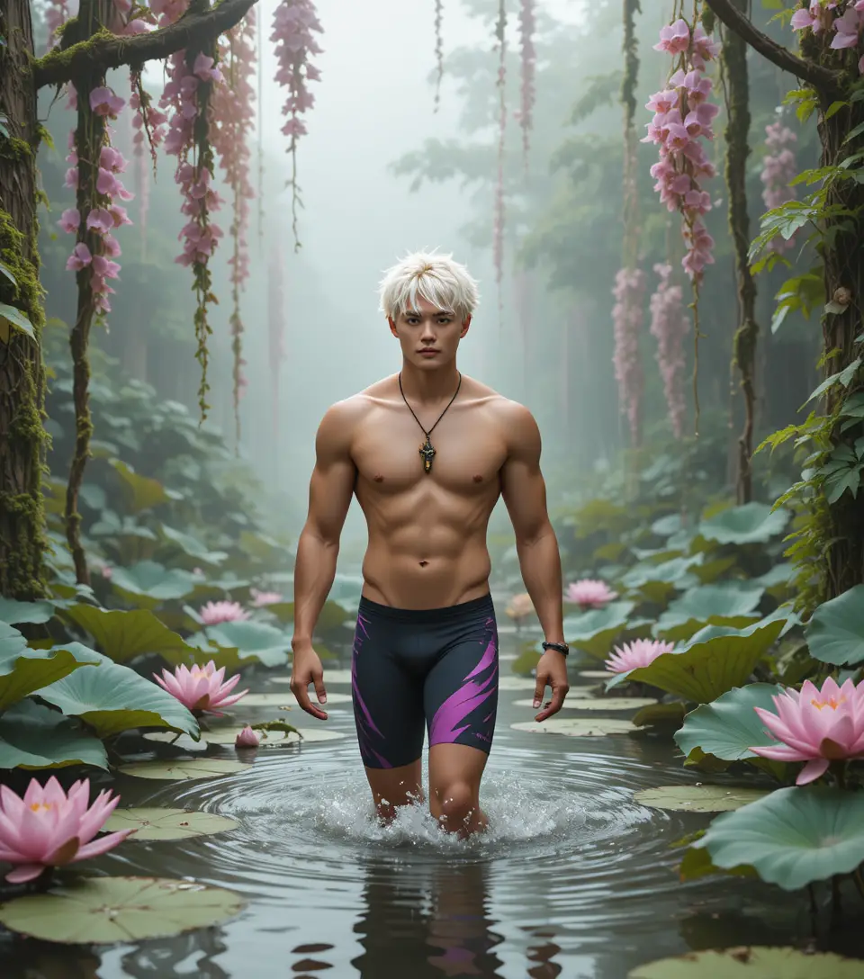 Muscular blond young man walking in lotus filled lake