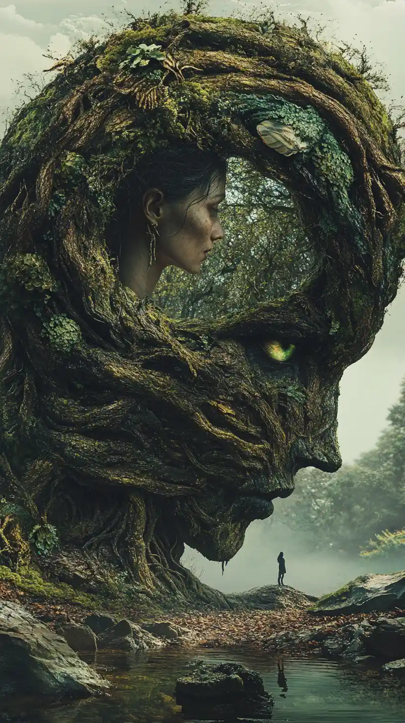 Surreal root dragon creature encircling a woman profile