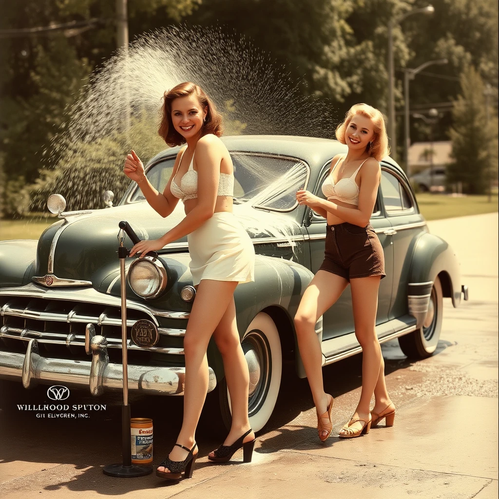 Two 1940s pin up women washing a classic car