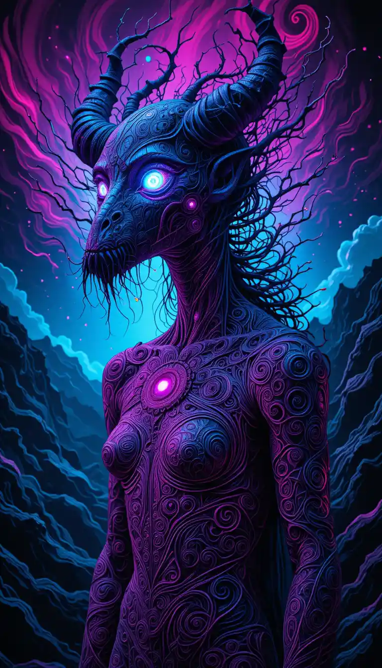 Mythical creature with glowing gemstone eyes in neon etching