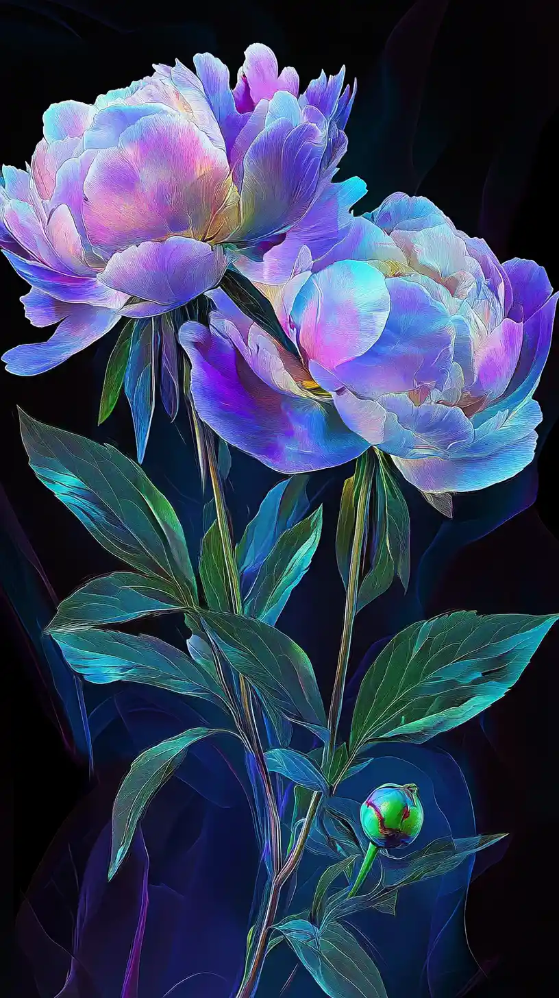 Peonie color lavanda che brillano su uno sfondo cosmico scuro