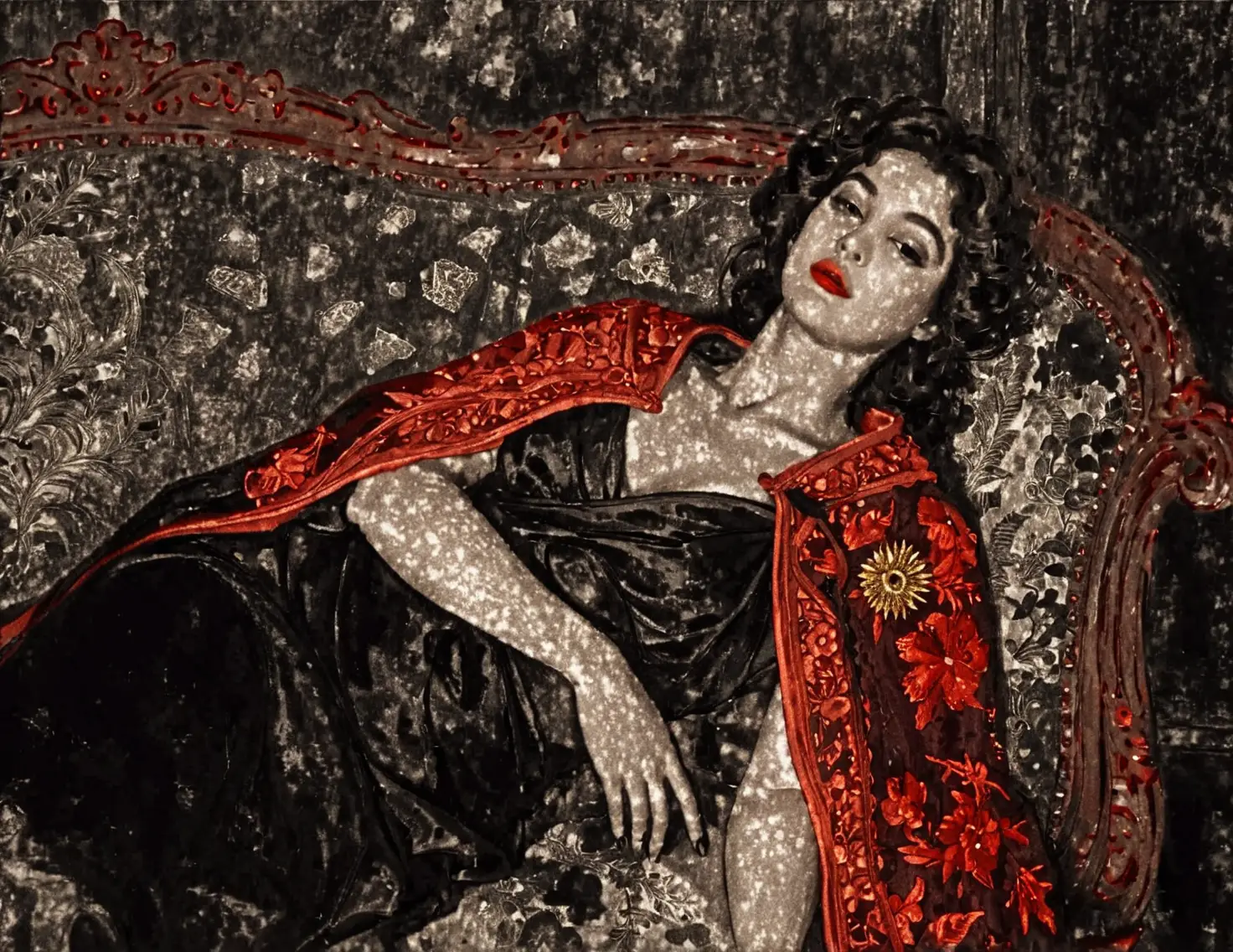 Elegant woman in phoenix crown resting on ornate divan