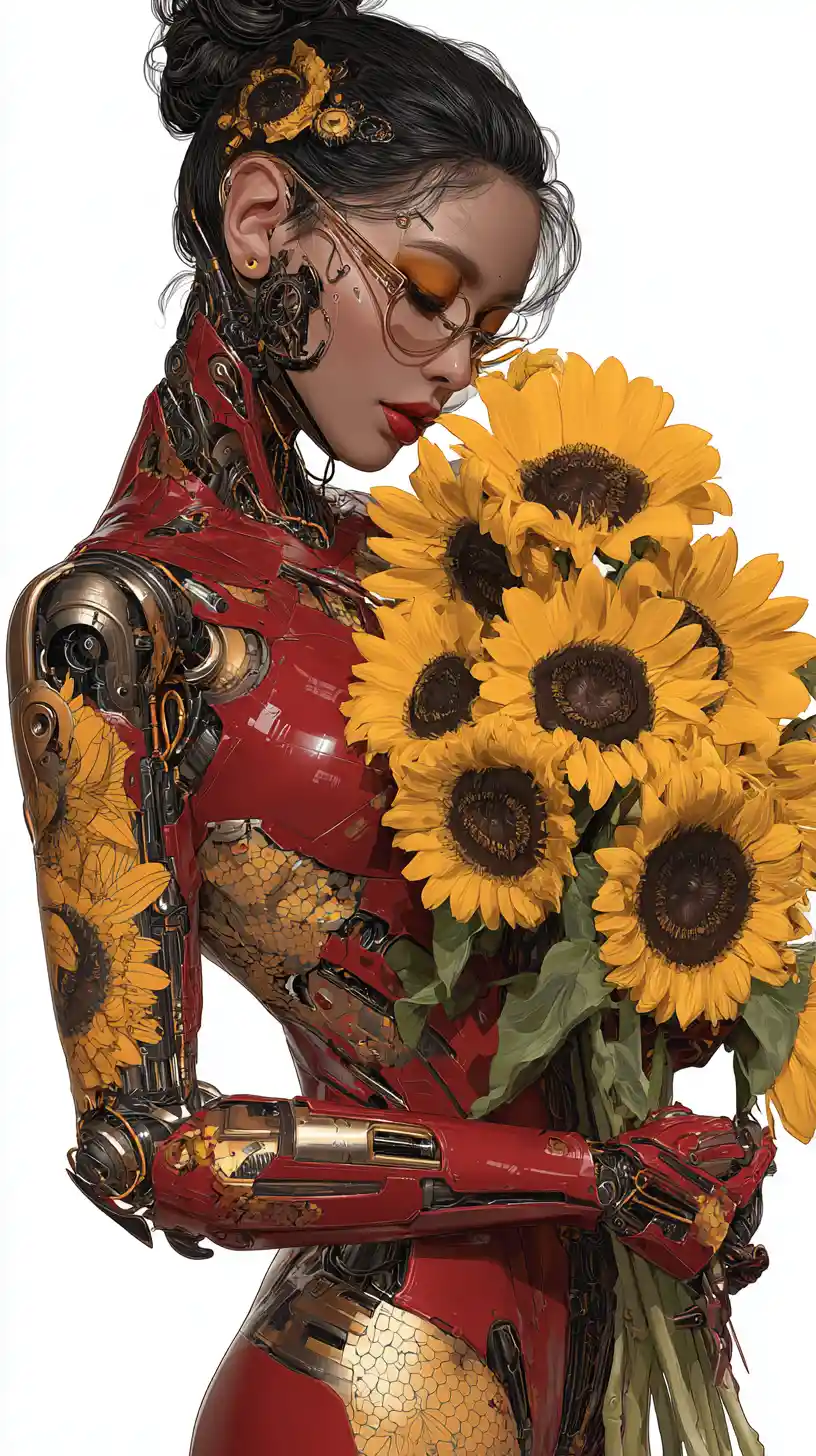 Cyborg woman holding giant sunflowers in fiery colors