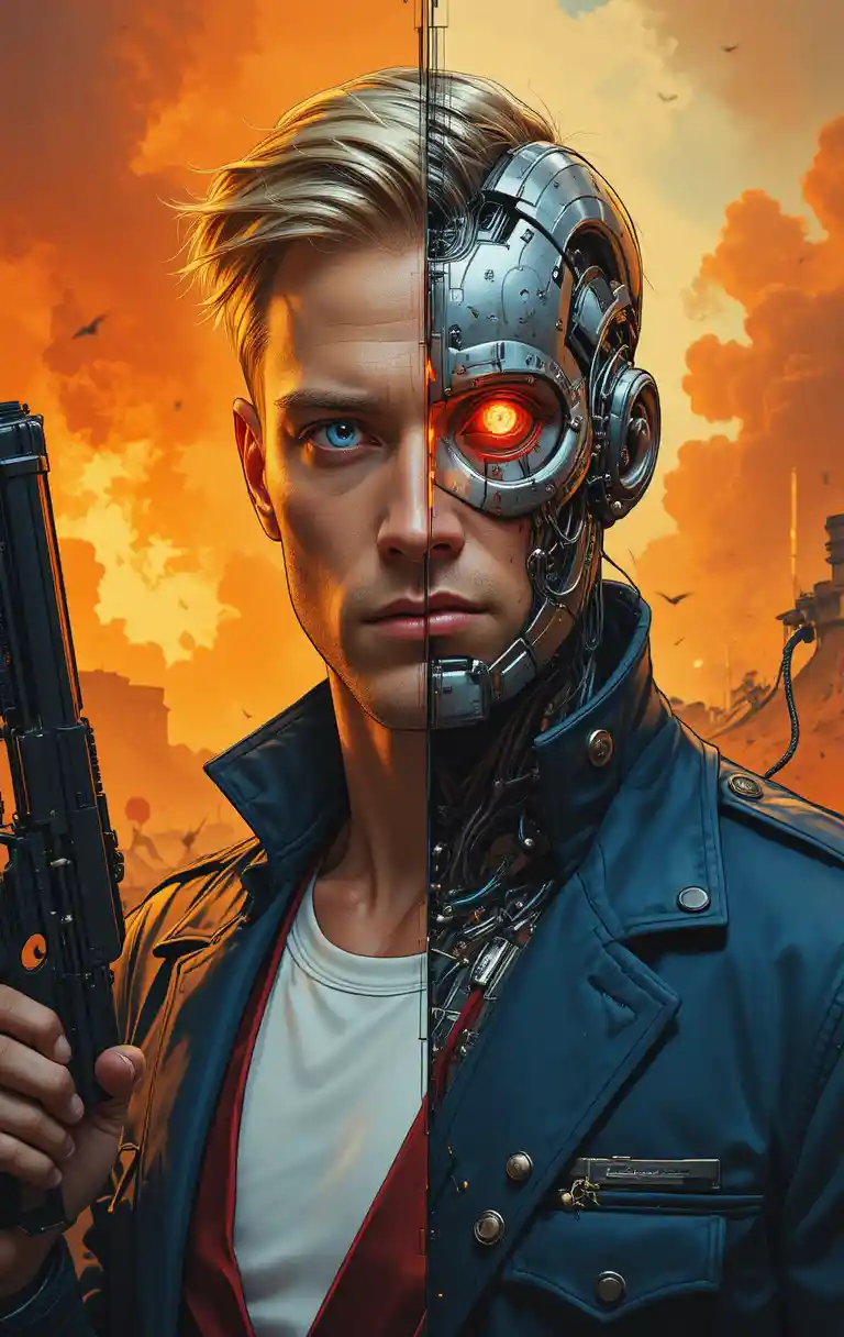 Cyborg man split face with gun in apocalyptic fire