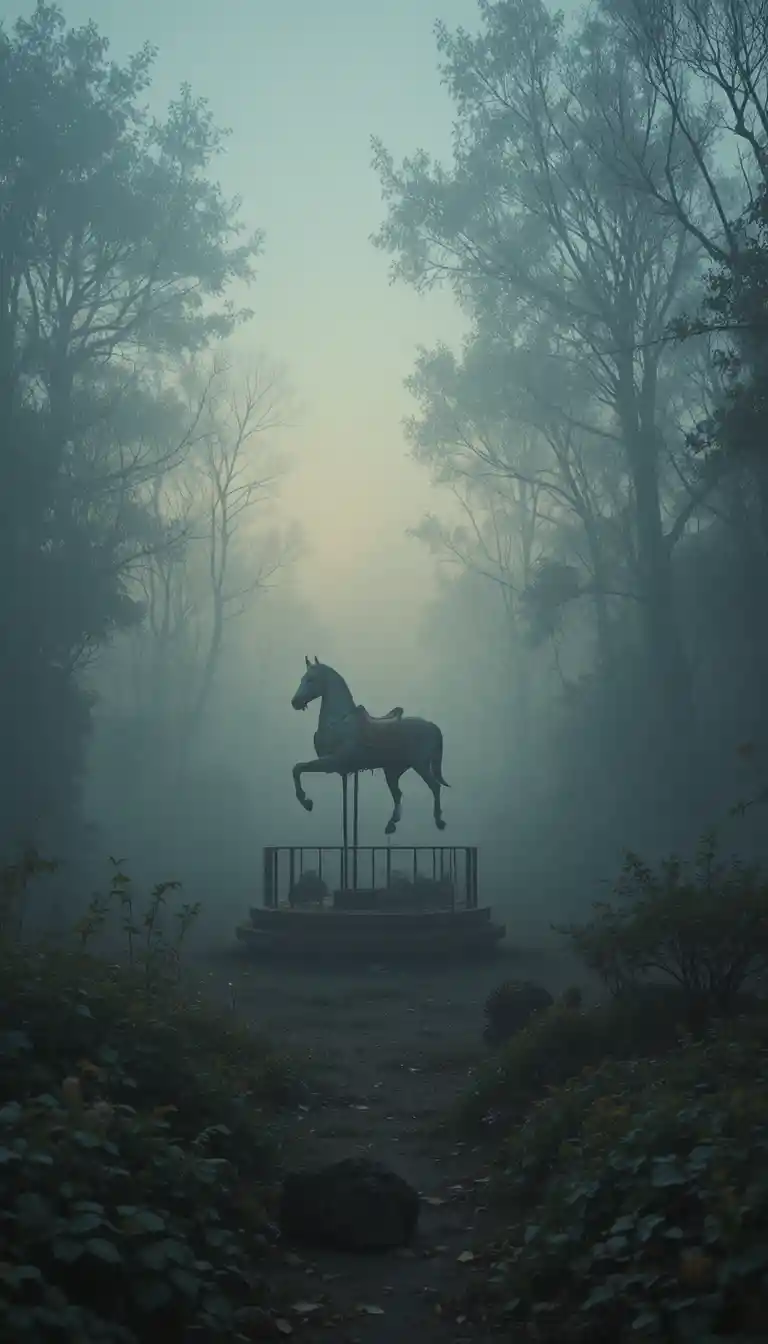 Rusted carousel horse in a foggy abandoned amusement park
