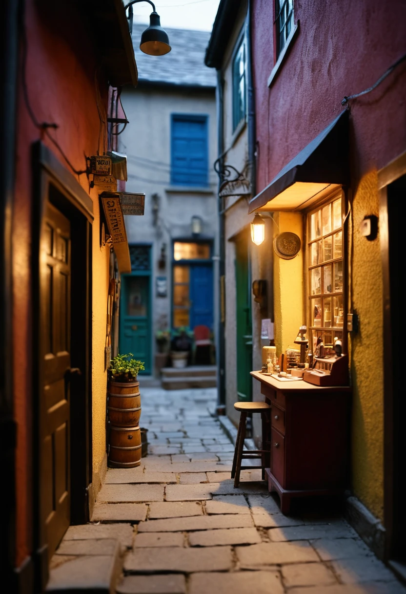 Miniature alley tailor shop under a single warm light