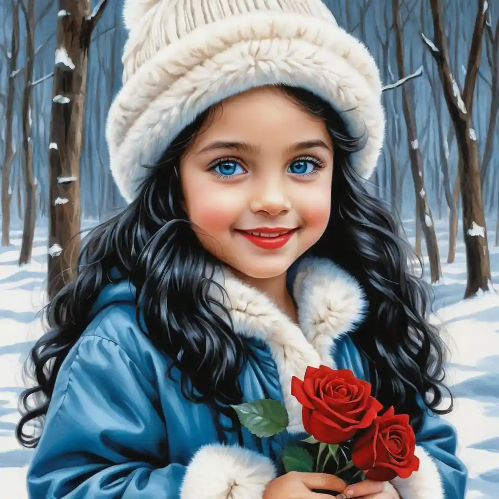 Smiling winter girl with roses and long black curly hair