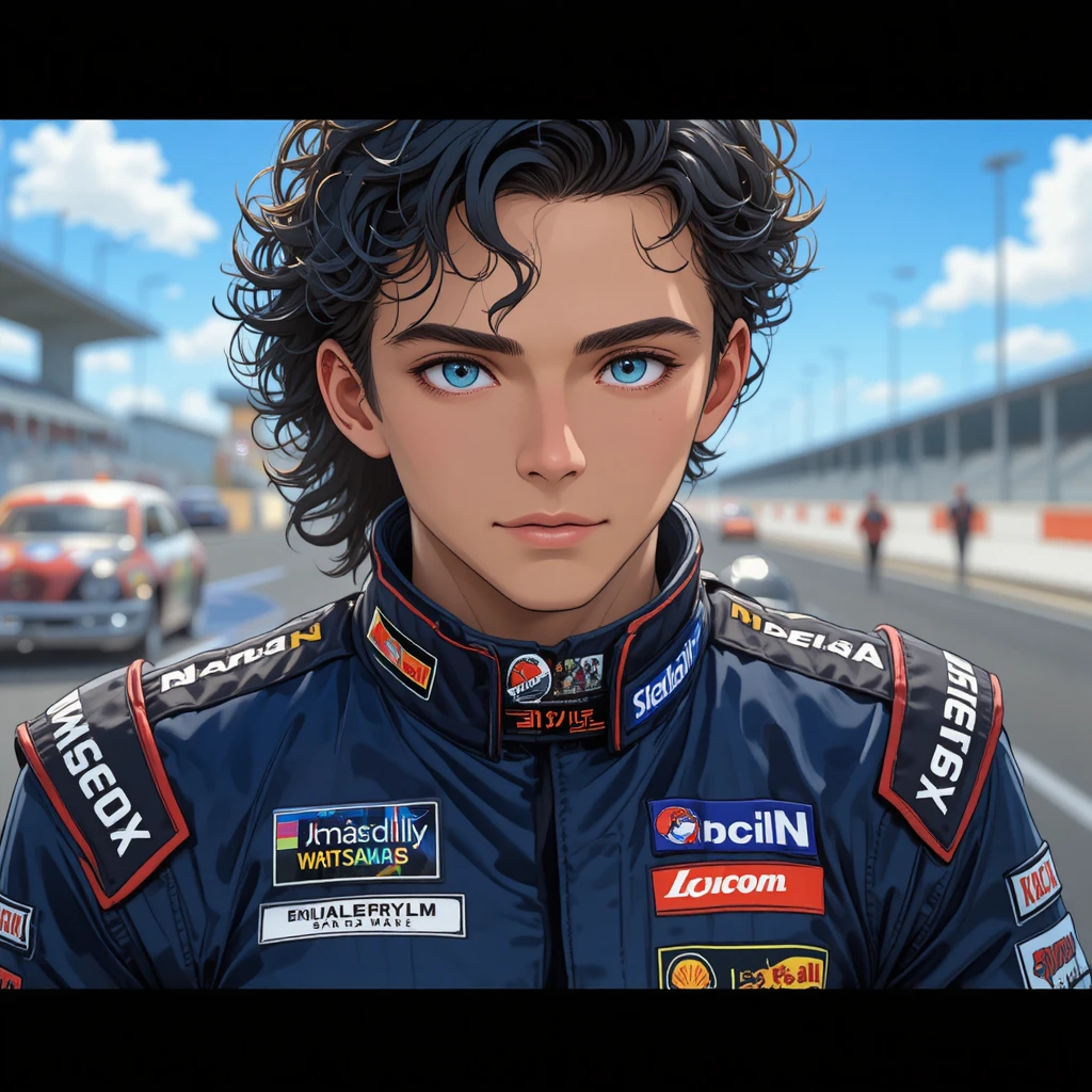 Anime race driver with blue eyes on the track
