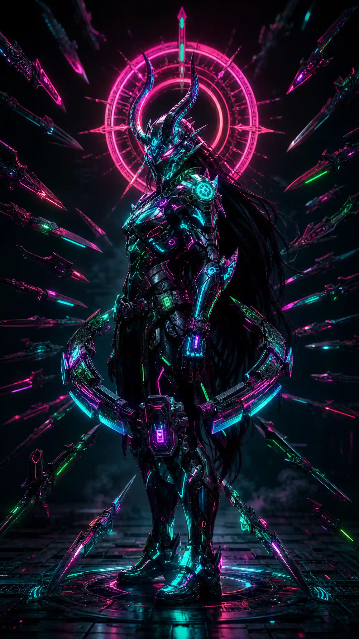 Cyberpunk demon armored warrior surrounded by hovering blades