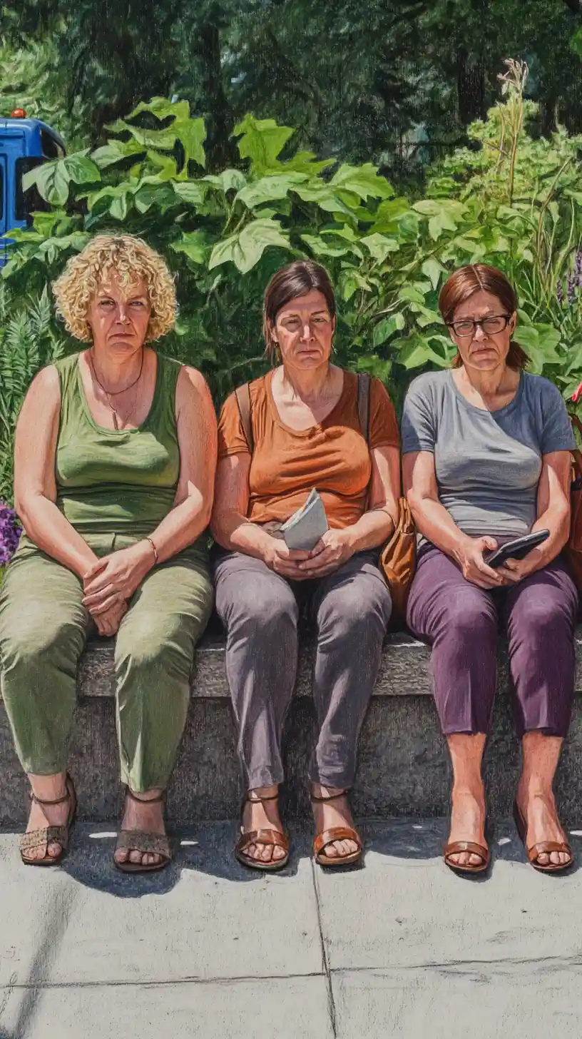 Drei Frauen ruhen auf einer Steinbank in der Stadt