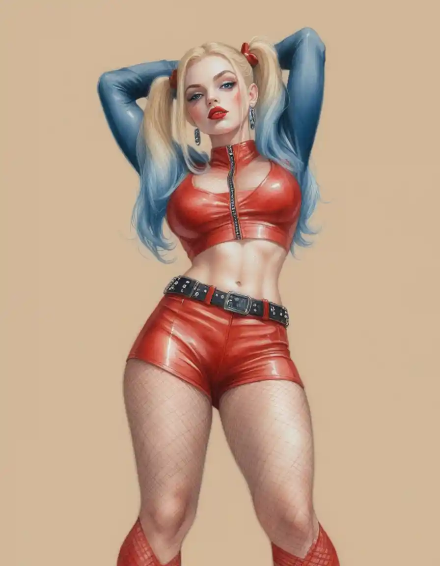 Curvy muscular woman in red latex outfit pencil drawing