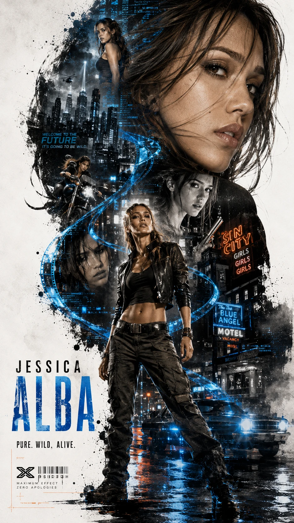 Rebellious Jessica Alba poster with double exposure city collage