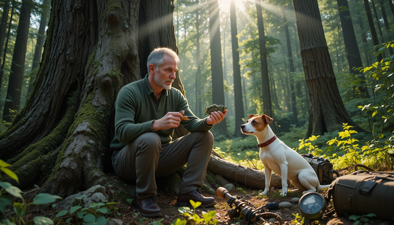 Man studying antique axe beside oak tree in forest