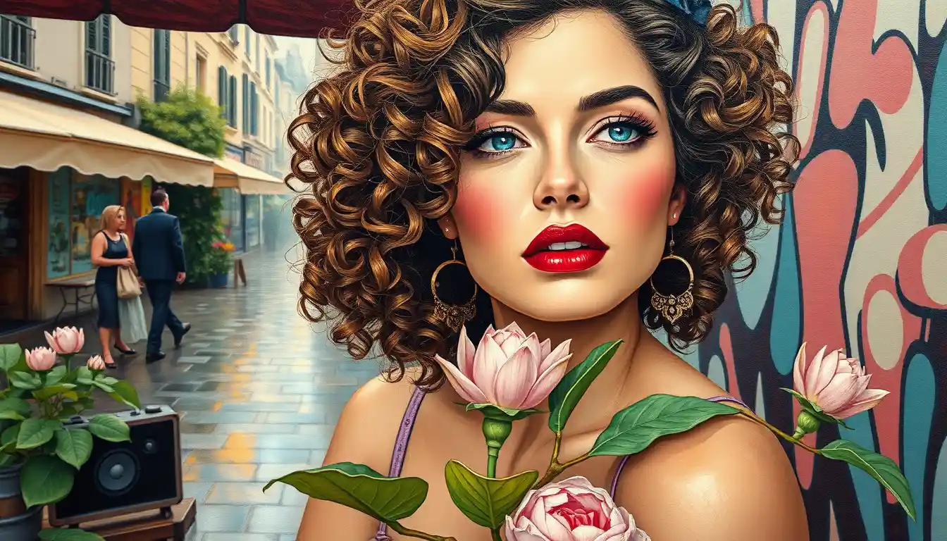 Impressionist cubist portrait of a glamorous woman in a garden
