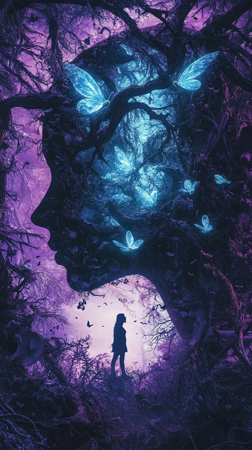 Bioluminescent Fairy Swarm Forming A Woman Profile Silhouette