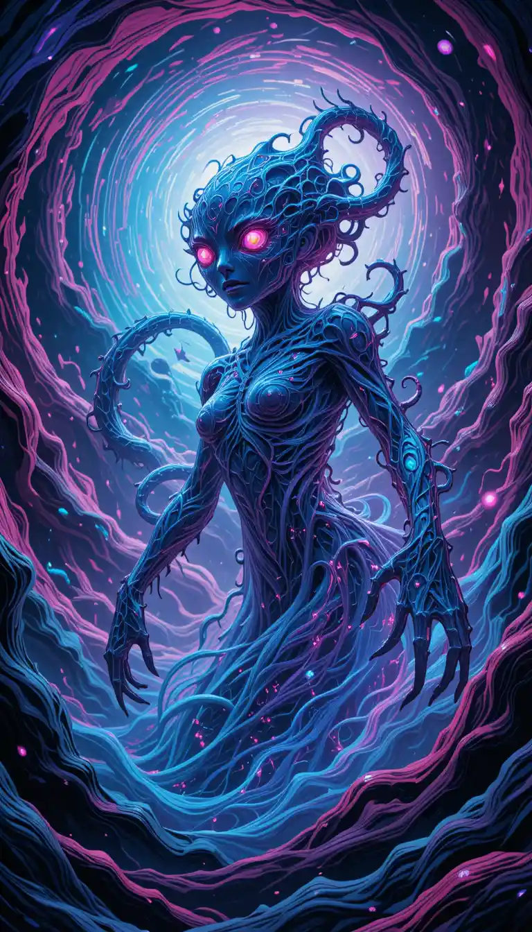 Neon Fantasy Creature Emerging From Swirling Cosmic Vortex