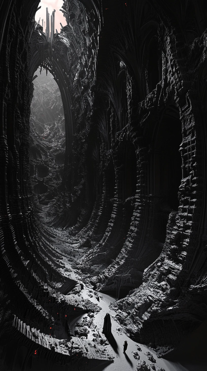 Human silhouette of imps in a warped gothic hall