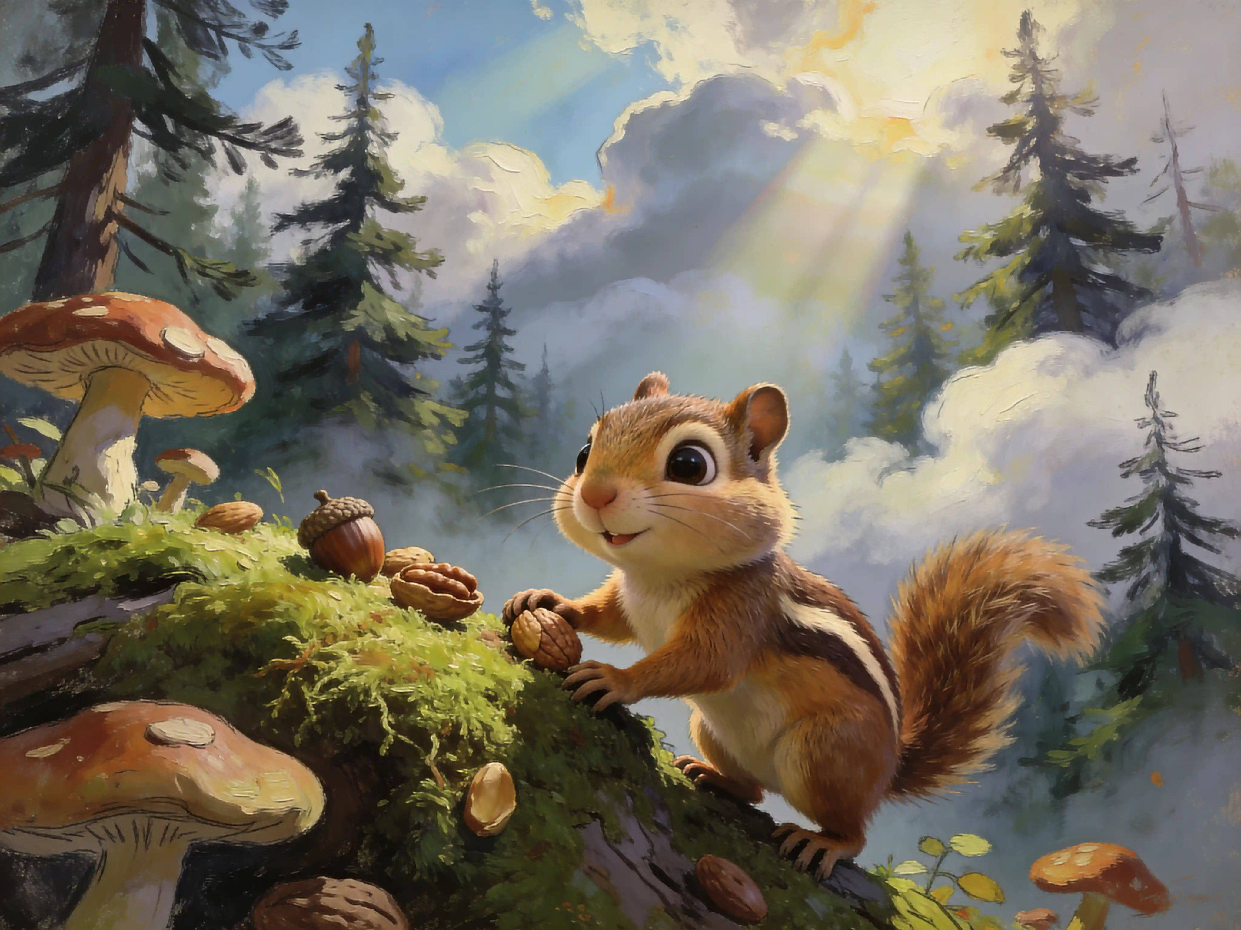 Cute Cartoon Chipmunk Climbing In A Mystic Mossy Forest
