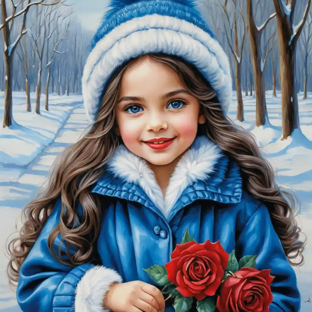 Smiling winter girl with roses in a blue hat