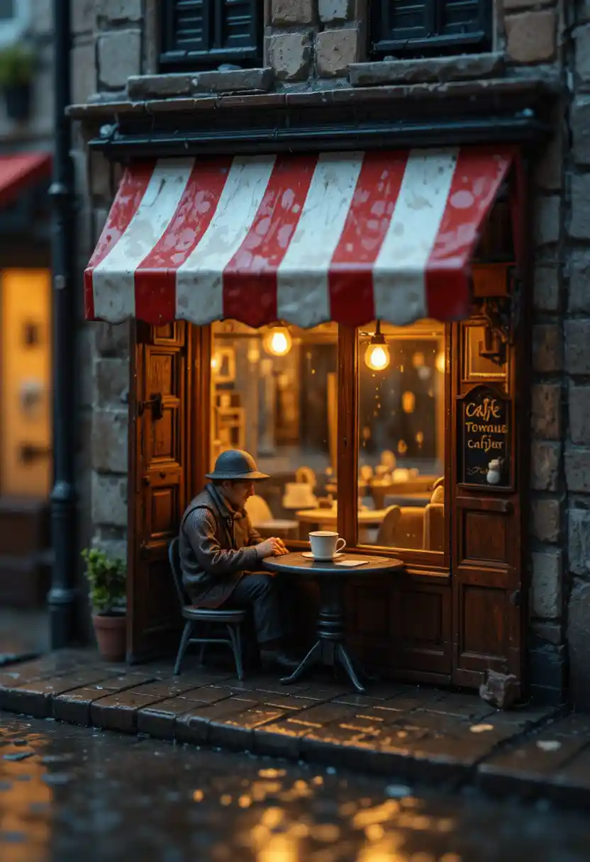 Miniature street cafe sheltering a tiny stranger from rain