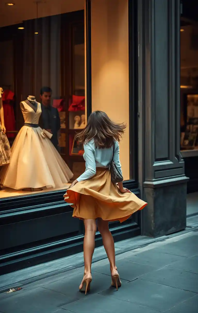 Woman on city street gazing into dress shop window