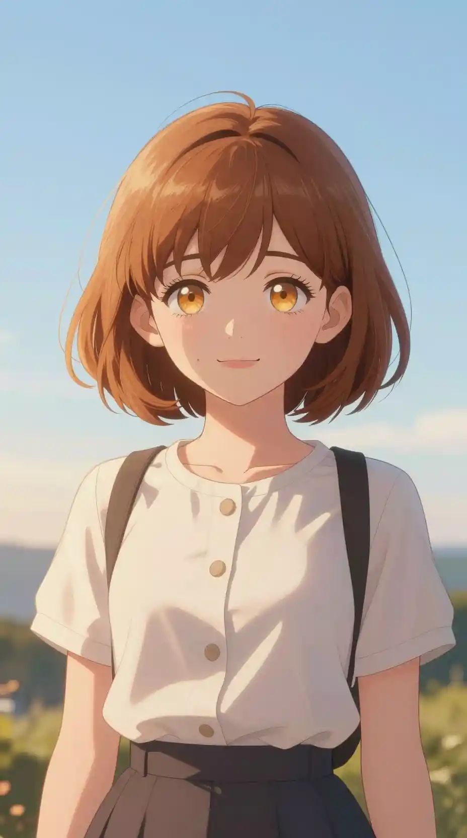 Shy anime girl standing outdoors at dawn in soft light