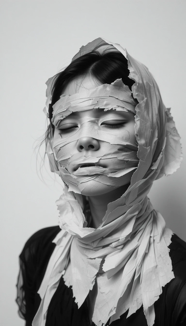 Moody black and white close up of a girl wrapped in paper