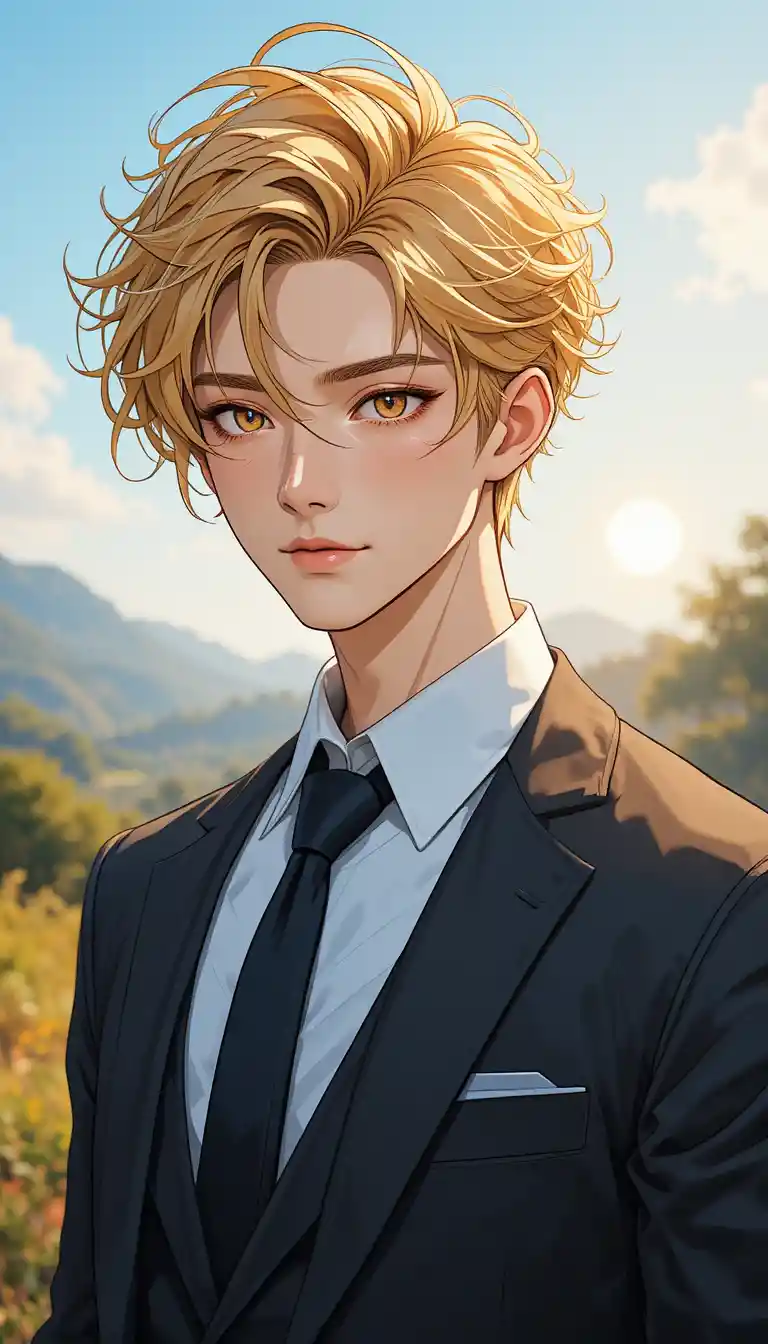 Tall golden haired man standing under a sunrise sky
