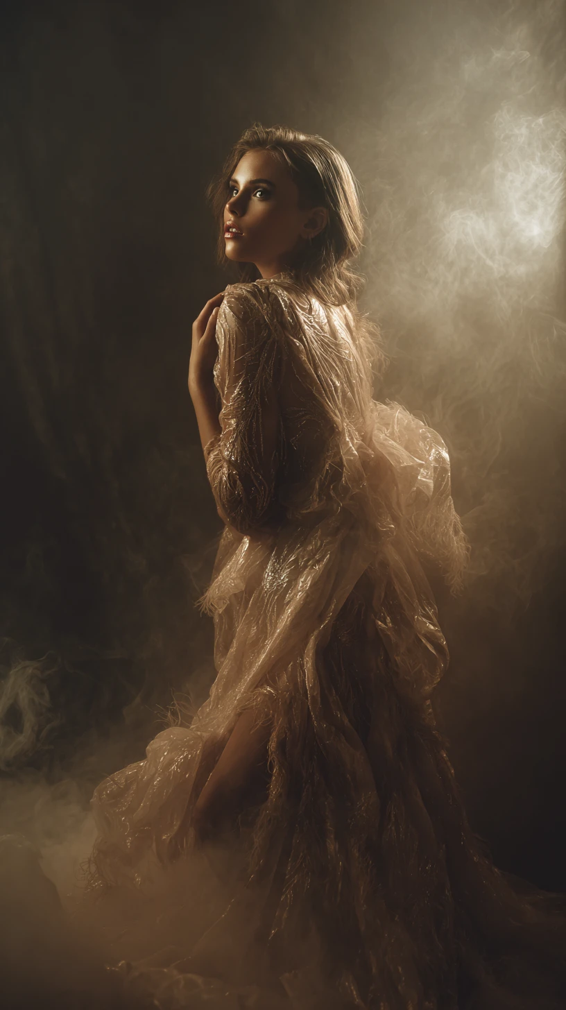 Mujer elegante posando en un estudio de moda con iluminación suave