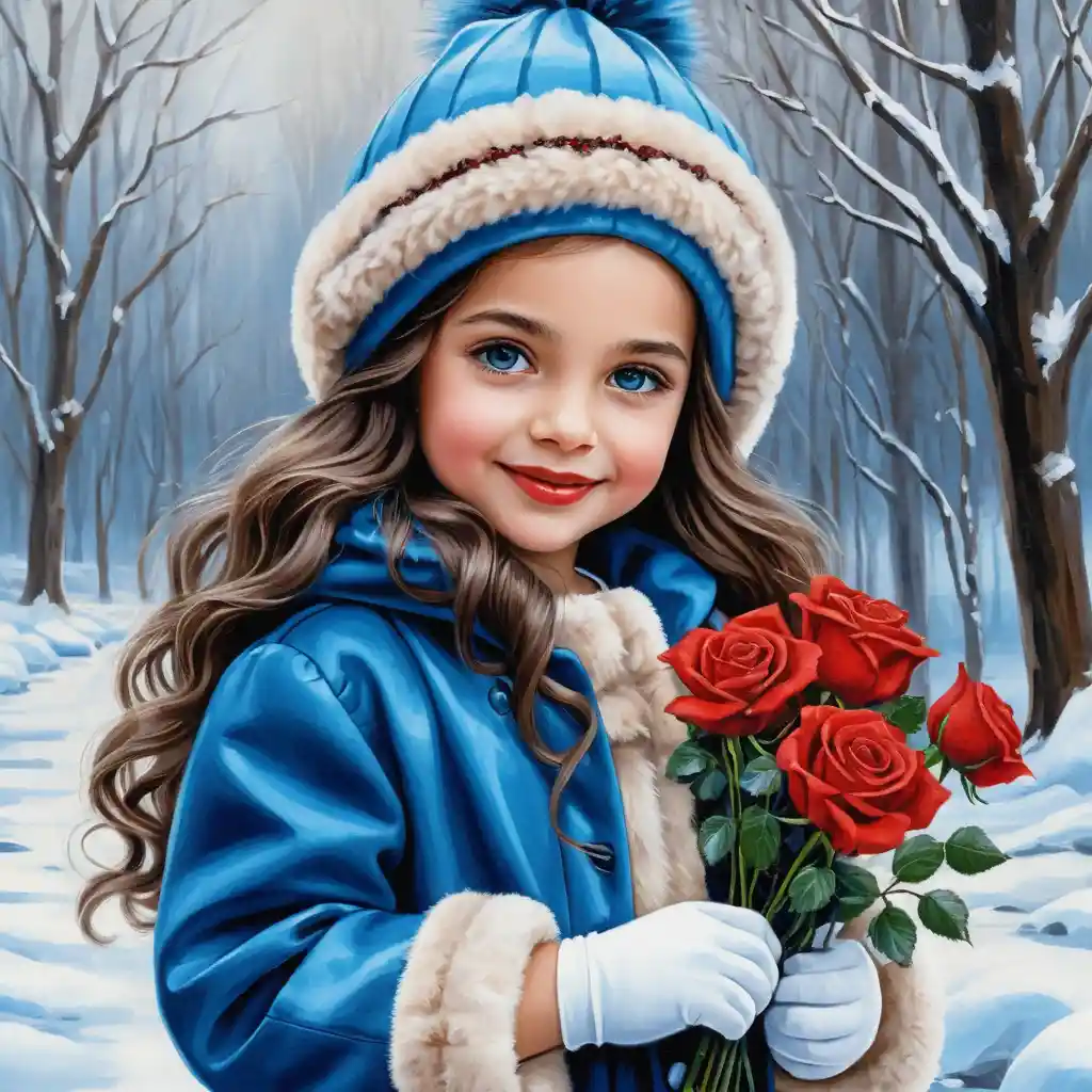 Smiling winter girl with roses and curly brown hair