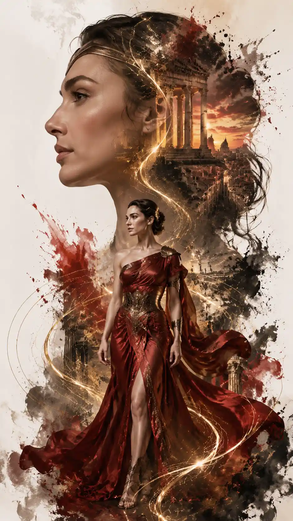 Elegant woman in red silk gown with monumental profile silhouette