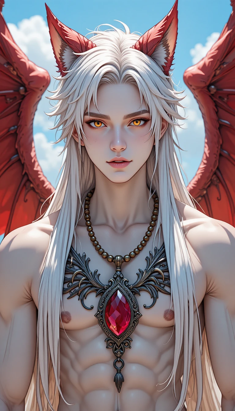 Tall heterochromatic anime man with red and white hair