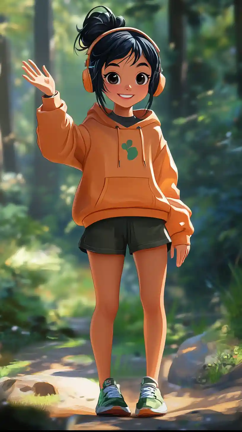 Cheerful cartoon girl waving in a forest setting