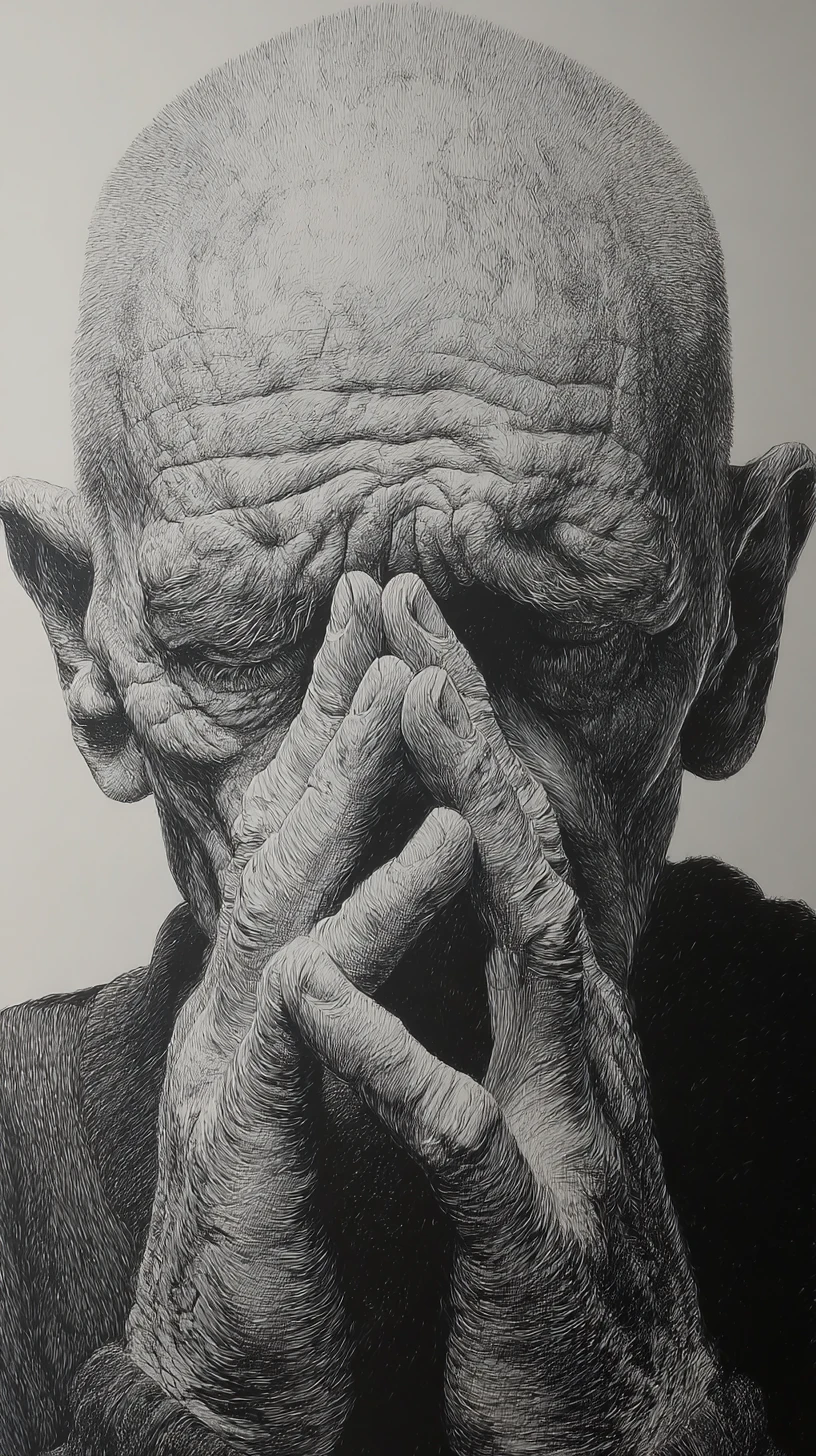 Hyperreal pencil portrait of an old man in prayer