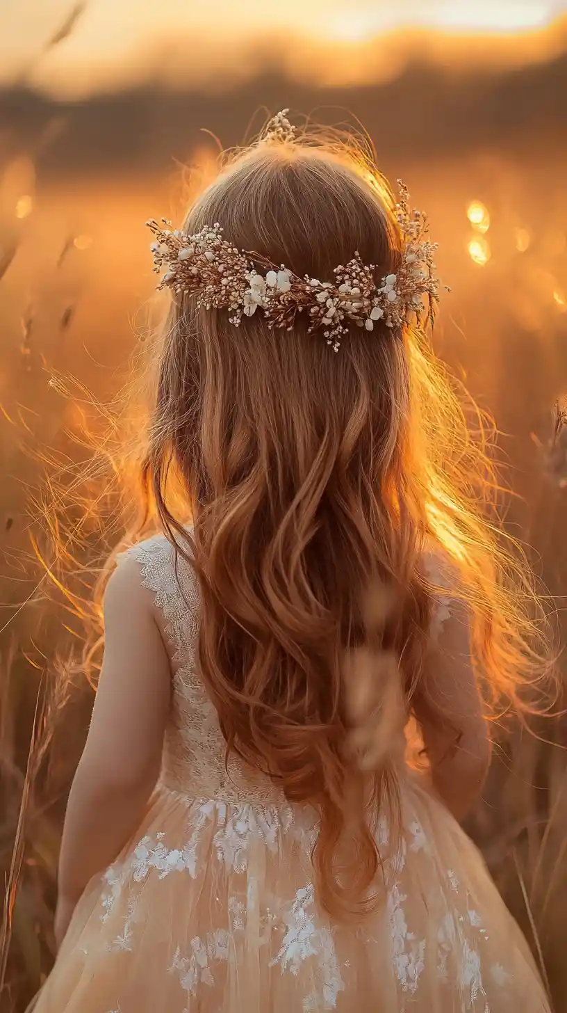 Girl in a flower crown in a sunlit golden meadow