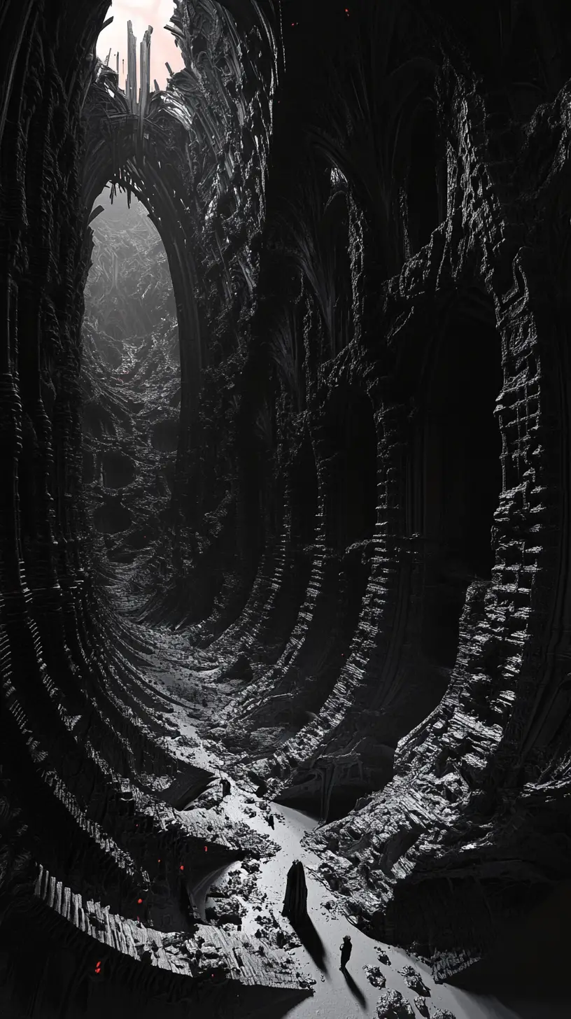Human silhouette of imps in a warped gothic hall