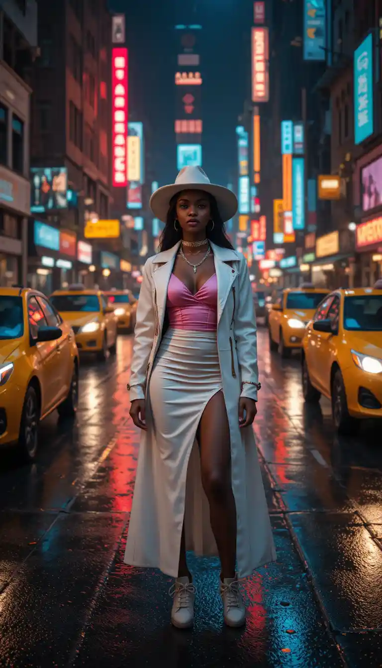 Young singer in white jacket on rainy city street