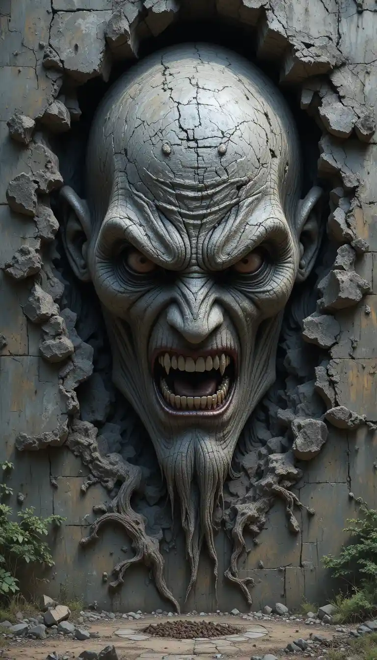 Giant sinister face emerging from a textured abstract wall