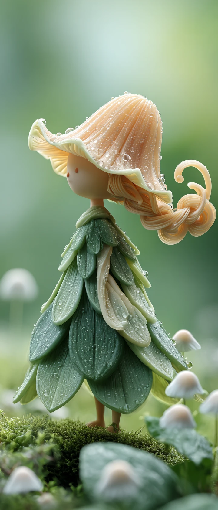 Tiny clay forest sprite glowing in a dewy garden