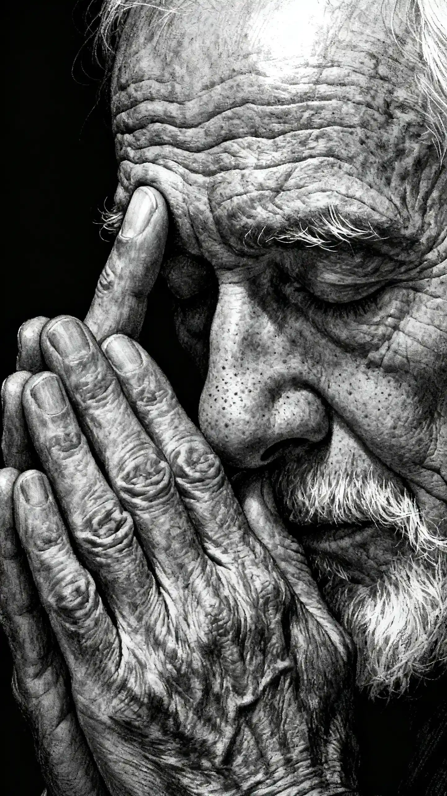 Old man praying with clasped hands in graphite close up