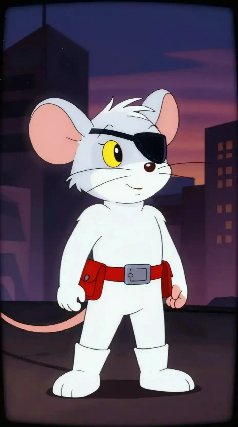Heroic cartoon mouse in white suit with city backdrop