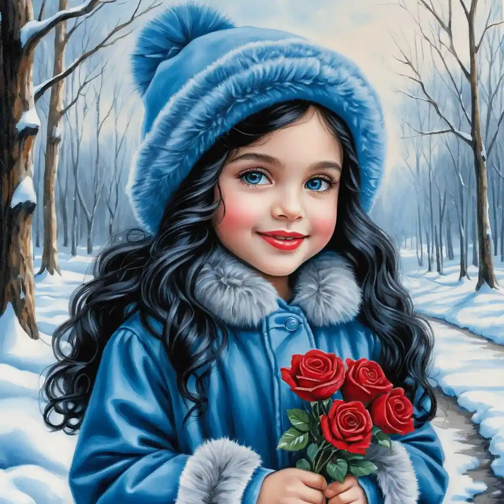 Smiling winter girl with roses and blue fur hat