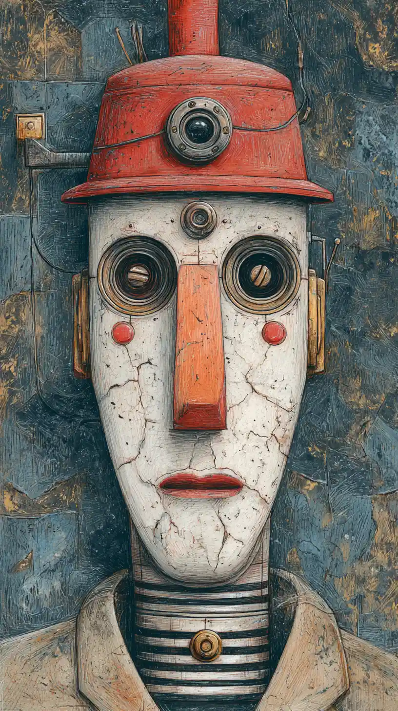 Surreal robot portrait with cracked face and red helmet