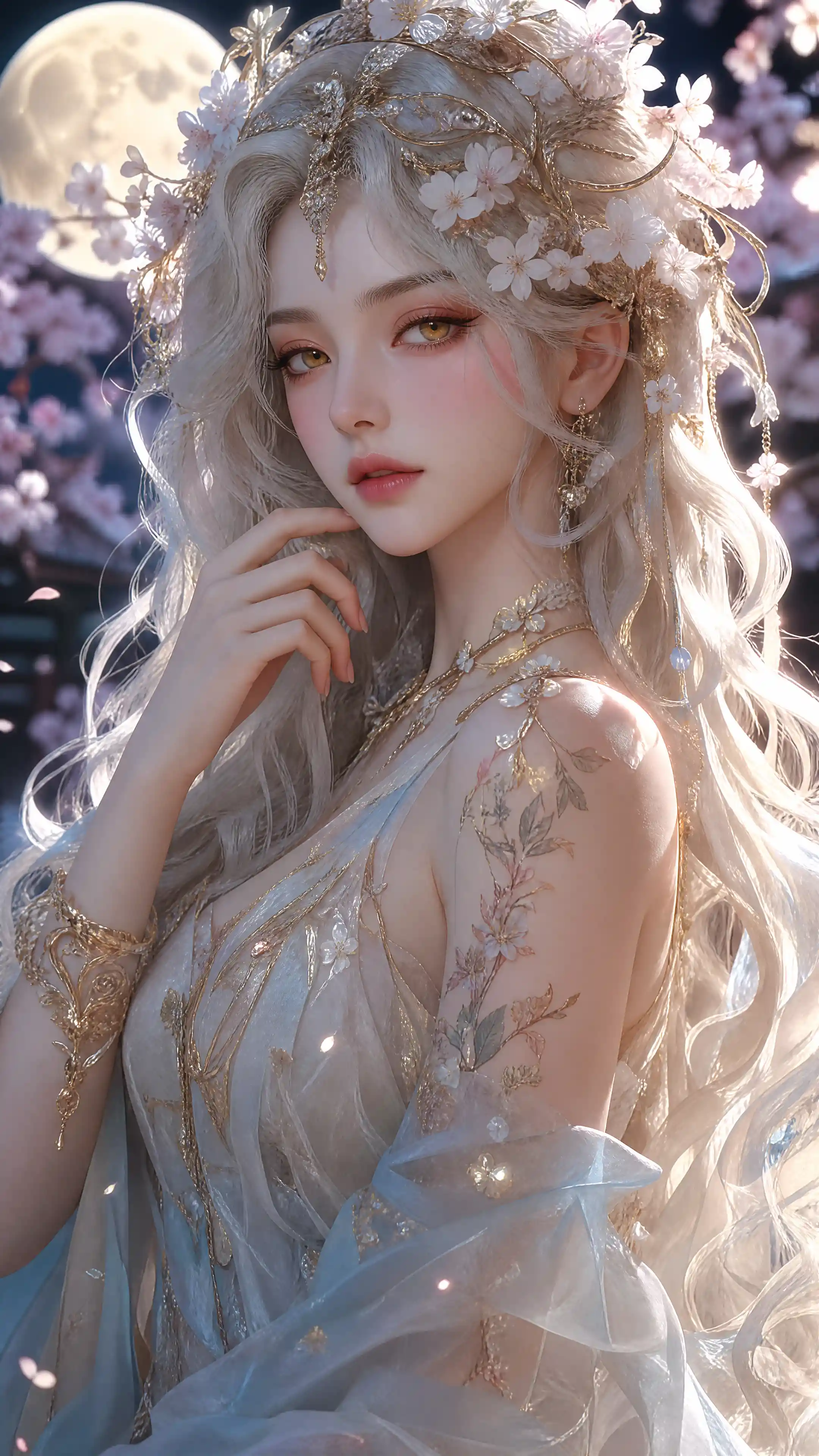 Moonlit blossom goddess with golden eyes and tattoos