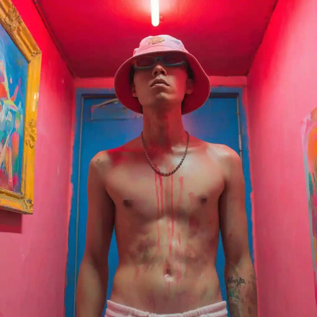 Confident male model in neon red and gold city street