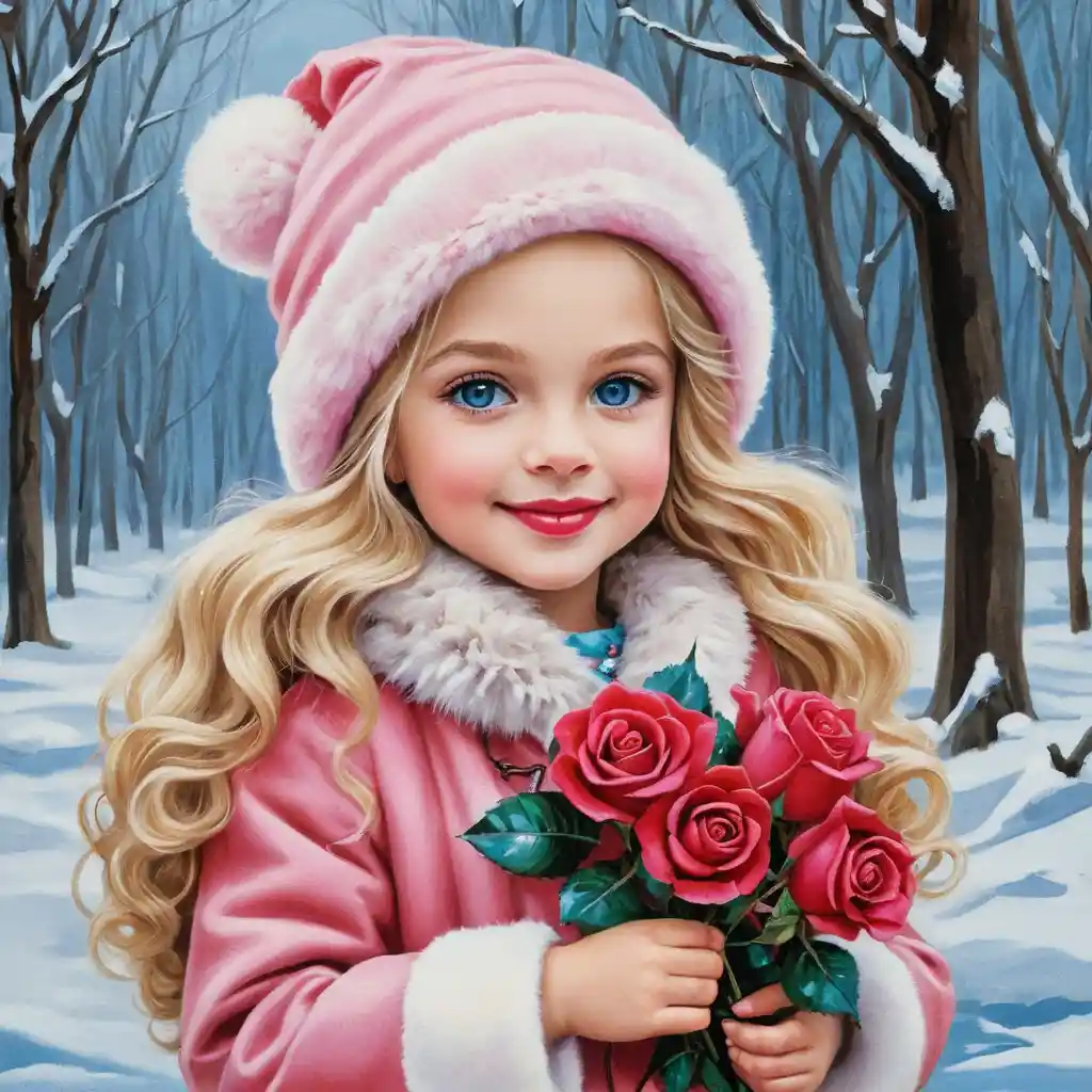 Smiling blonde girl in pink winter hat with roses