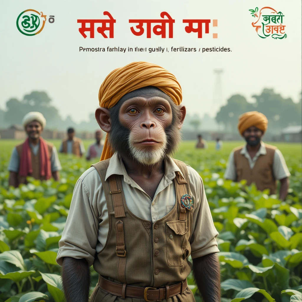 Indian monkey farmer standing in green village farm field