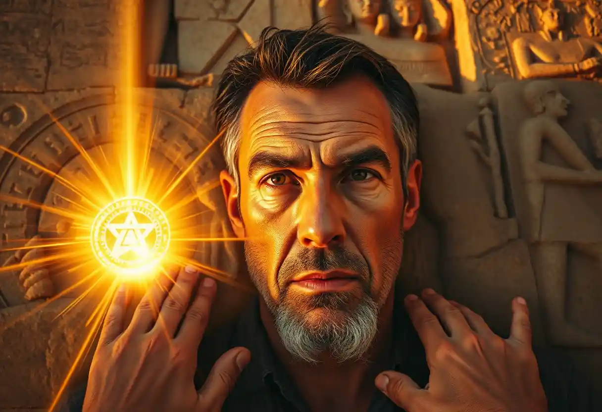 Alchemist Touching Ancient Egyptian Wall Of Living Light